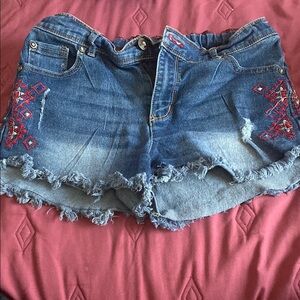 Embroidered Denim Shorts with Fringe Hem